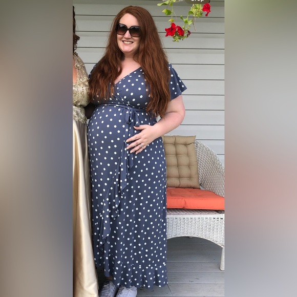Isabel Maternity Dusty Blue Maternity Dress with Pale White Polka Dots | Size M - Picture 8 of 8